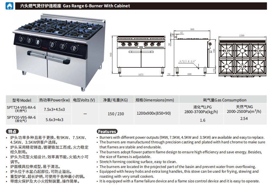 佳斯特SPTT24-V9S-RA-4/SPTY19-V9S-RA-4四头燃气煲仔炉连柜座(图2)