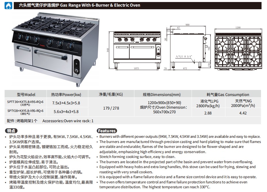 佳斯特SPTT36+KXT5.8-V9S-RQ-6/SPTY28+KXT5.8-V9S-RQ-6六头燃气煲仔炉连焗炉(图2)