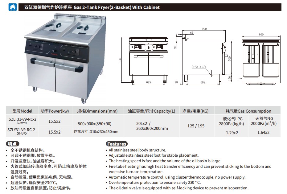 佳斯特SZLT31-V9-RC-2/SZLY31-V9-RC-2双缸双筛燃气炸炉连柜座(图2)