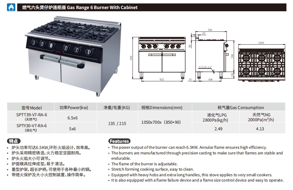 佳斯特SPTT39-V7-RA-6/SPTY30-V7-RA-6燃气六头煲仔炉连柜座(图2)