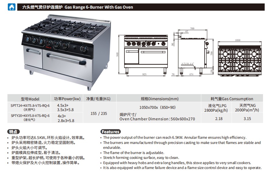 佳斯特SPTT24+KXT5.8-V7S-RQ-6/SPTY20+KXY5.8-V7S-RQ-6六头燃气煲仔炉连焗炉(图2)